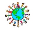 Various children and planet Earth on a white background. Cartoon.